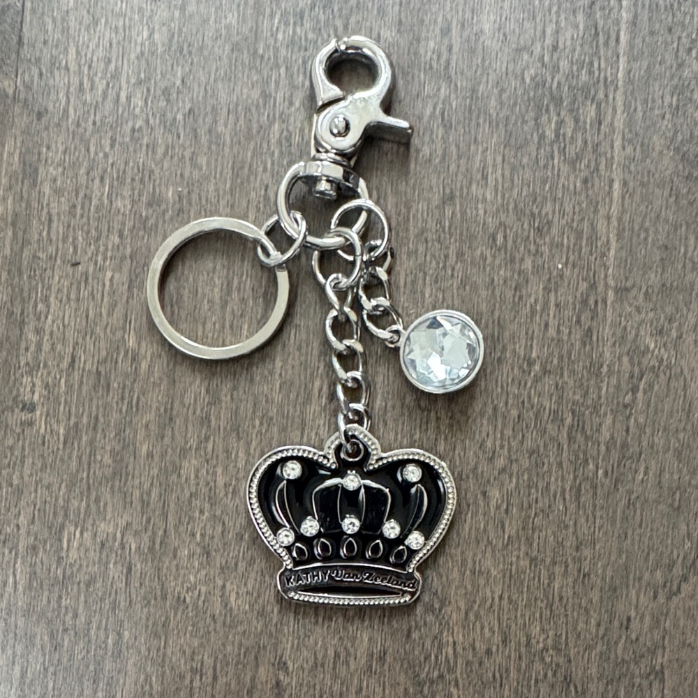 Kathy Van Zeeland Y2K Crown Rhinestone Bag Charm Keychain Silver Black